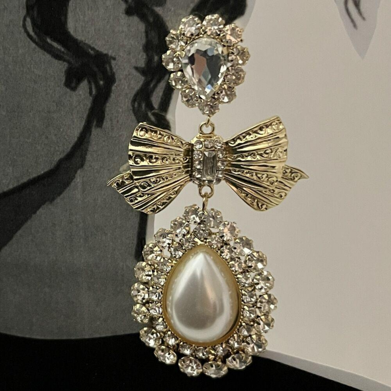 A Pair Gold Bow Statement Earrings Faux Pearl Rhinestone Pierced Drag Queen