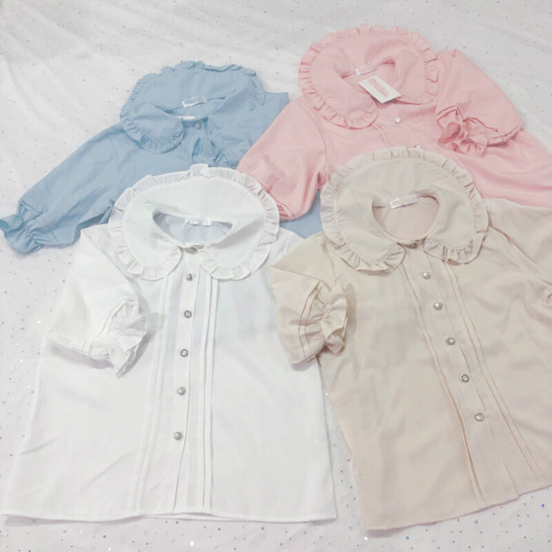 Girl Japanese Lolita Shirt Blouse Tops Plain Button Short Sleeve Cute Kawaii