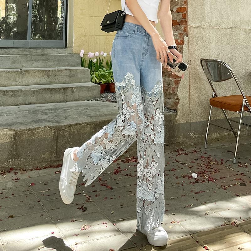 Lady Jeans Denim Pants Hollow Trousers Casual Lace Splice Embroidery Floral Chic