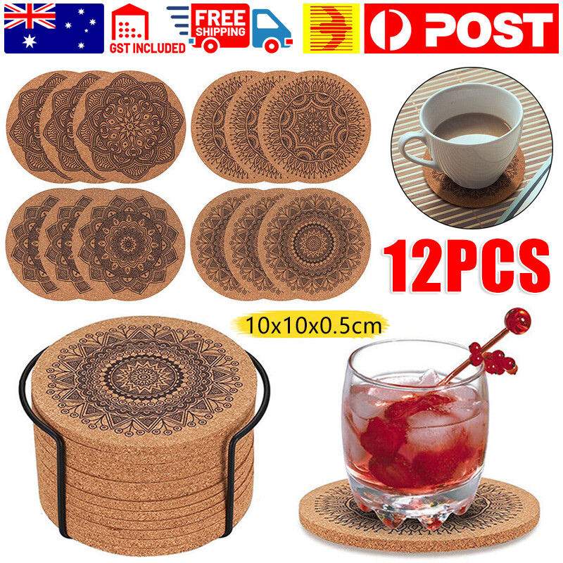12pcs Cup Coasters Coffee Pad With Rack Nordic Mandala Round Cork Coaster New Au