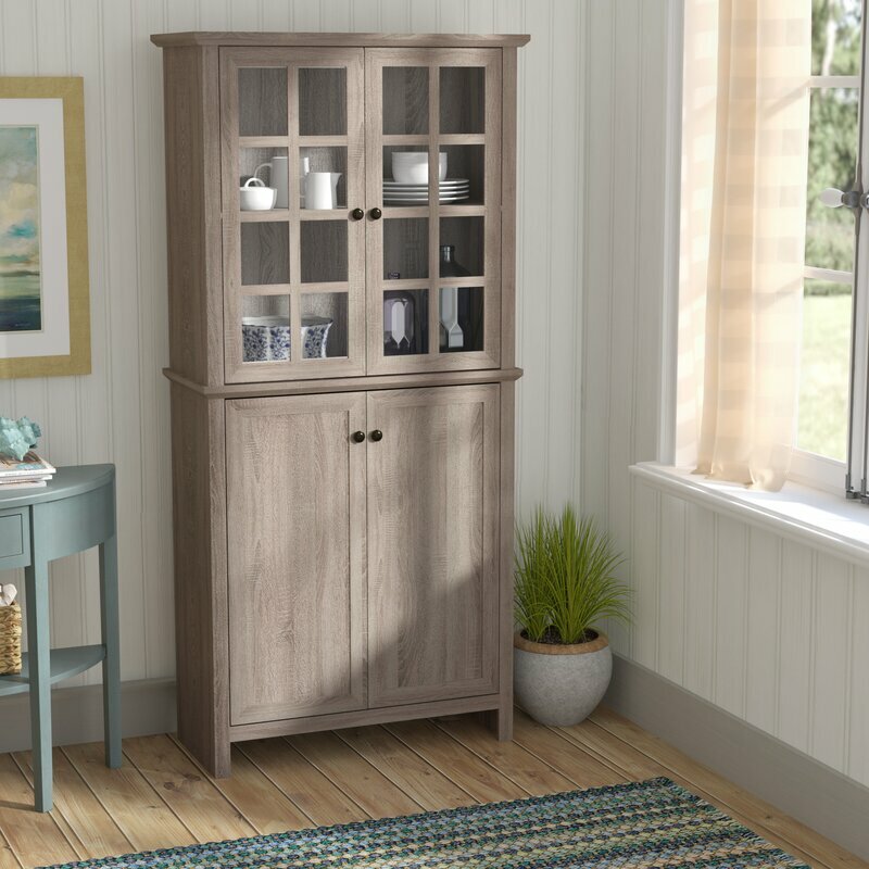 Farmhouse Gray Kitchen China Storage Cabinet Pantry Glass Doors Reclaimed Wood