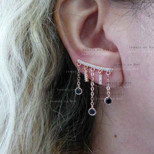 0.7 Ct Natural Black & White Diamond Climber Drop Chain Earrings Solid 14K Gold