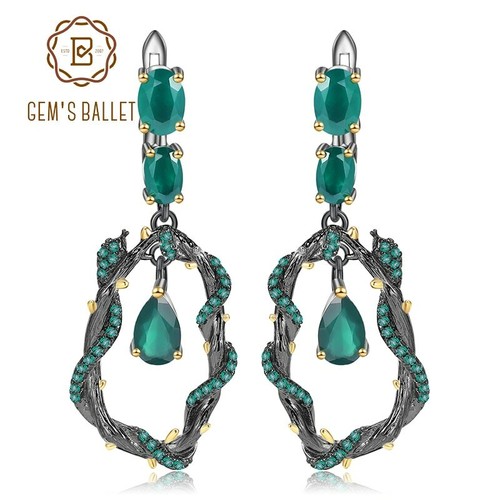 GEM'S BALLET NATURAL GREEN AGATE GEMSTONE DROP EARRINGS 925 SILVER XMAS GIFTS FOR HER WOMEN