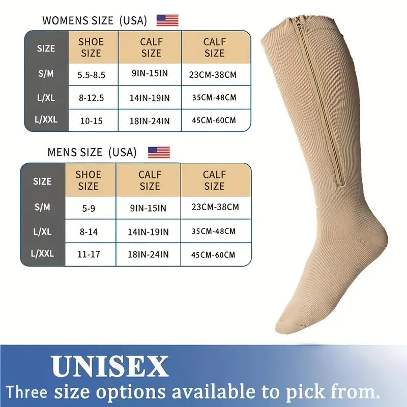 3PK Zippered Compression Socks Closed Toe 20-30mmHg with Zipper Safe Protection