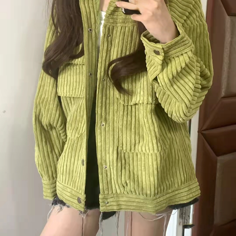 Lady Corduroy Jacket Coat Outerwear Outdoor Pocket Loose Sweet Preppy Casual Top