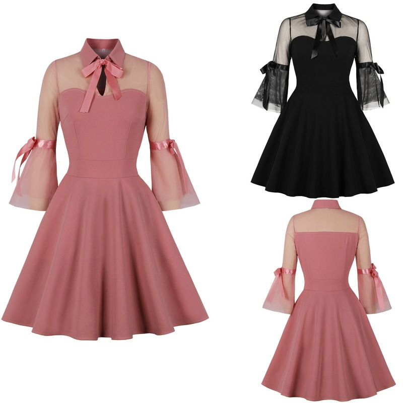 Women Mesh Sheer Dress Midi Bow Tie Flare Sleeve Elegant Party Retro Black