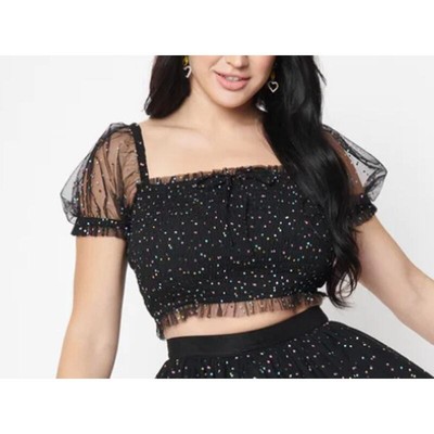 UNIQUE VINTAGE  XS 2 Black Polka Dot Square Neck Puff Sleeve Crop Top NWT B75