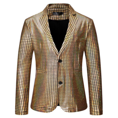 Mens Check Metallic Shiny Jacket Suit Blazer Coat Party Showman Fancy Dress Slim