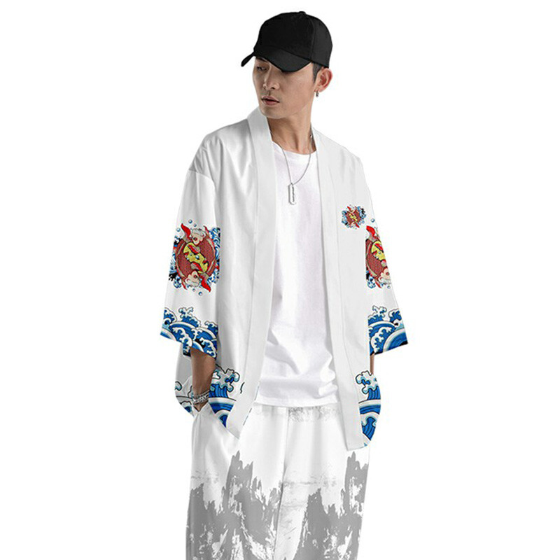 Herren Lucky Karpfen Koi Haori Kimono Yukata Hemd Strickjacke Top Bluse Locker