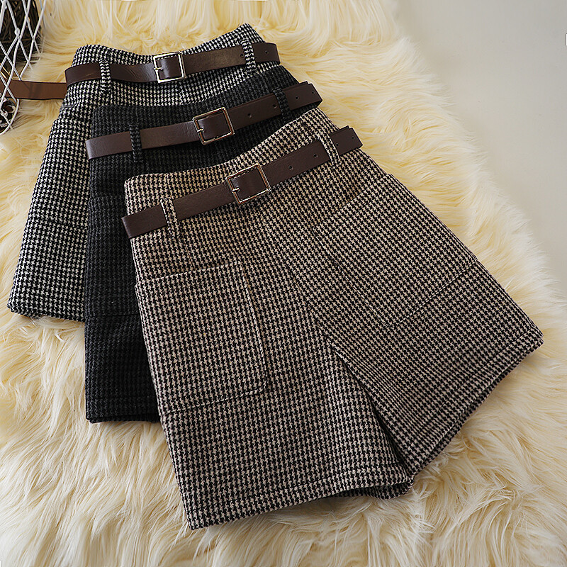 Femme Vintage Pied-de-Poule Short avec Poches Taille Haute Jambes Larges Chaud