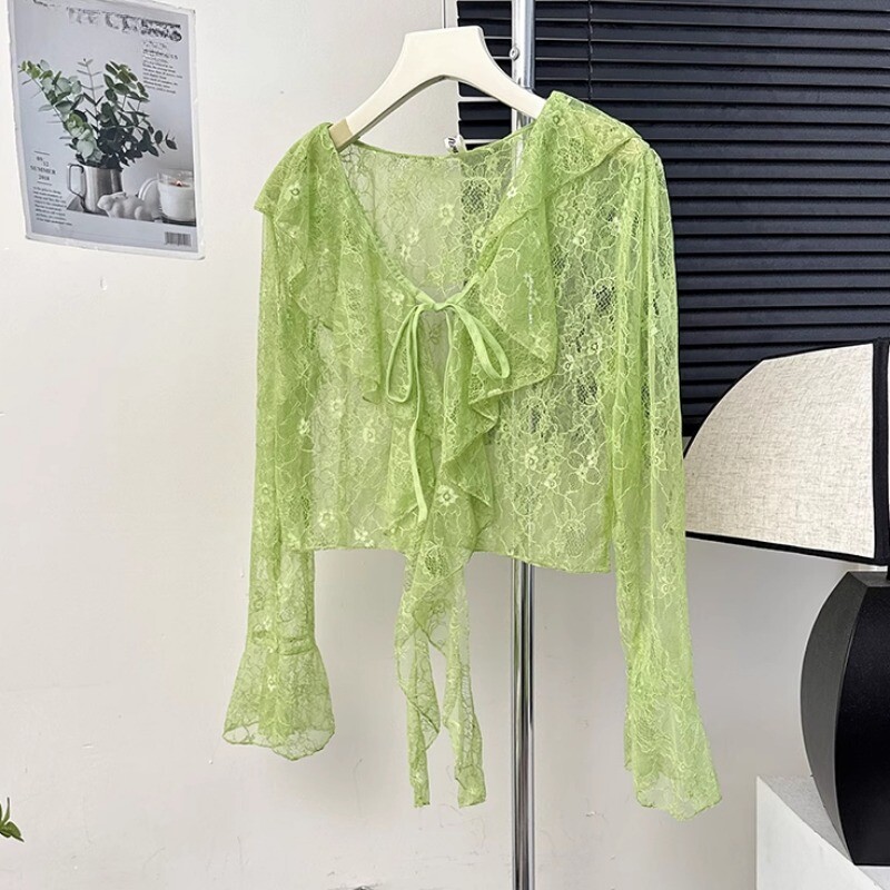 Cardigan Corto Con Maniche A Campana In Pizzo Floreale A V