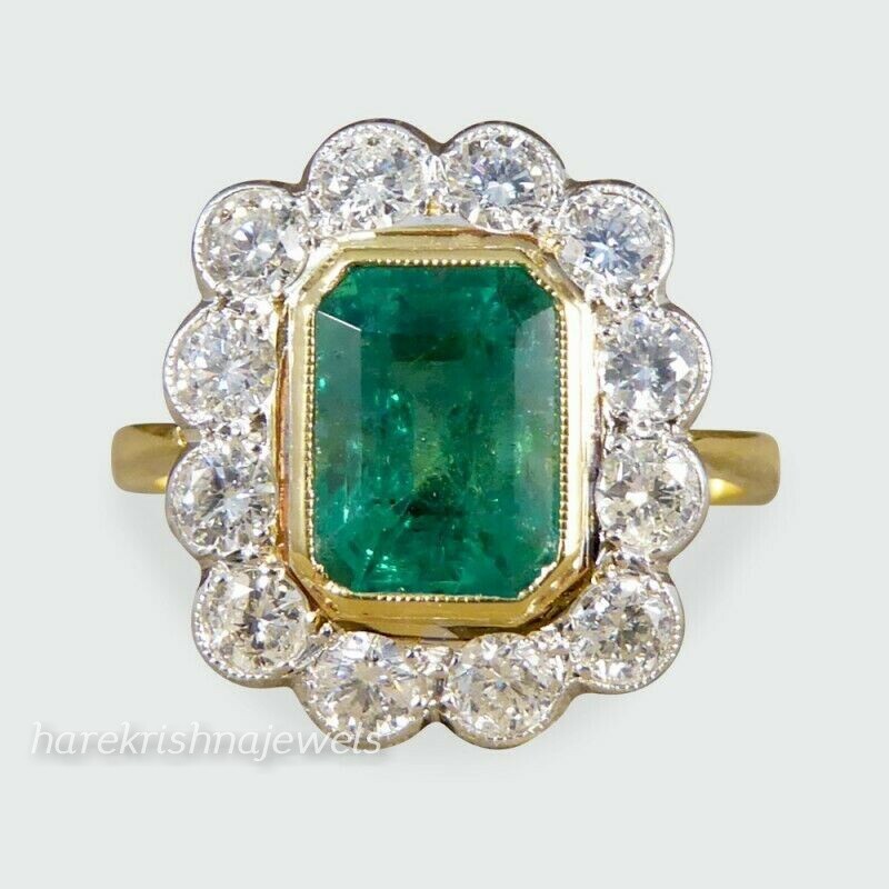 3.54CT Emerald Cut Real Green Emerald Art Deco Vintage Ring 14K 2-Tone Gold Over