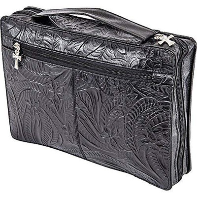 Womens Genuine Leather Embossed Bible Cover, Girls Black Zippered Book Protector