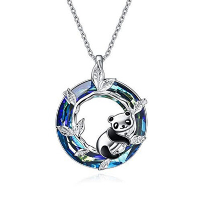 Fashion Exquisite Blue Ring Crystal Leaf Panda Pendant Necklace Jewelry Gift 