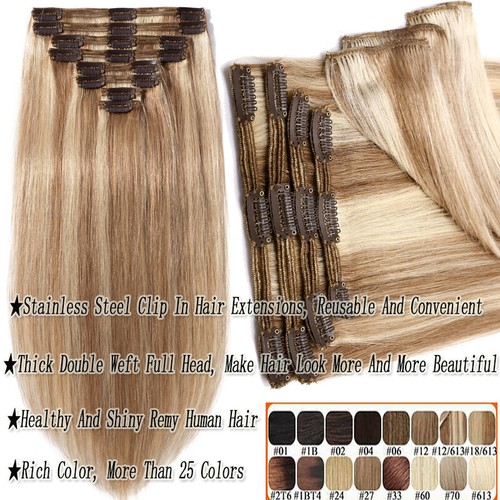 Thick Double Weft Clip In Real Remy Human Hair Extensions Full Head Highlight US