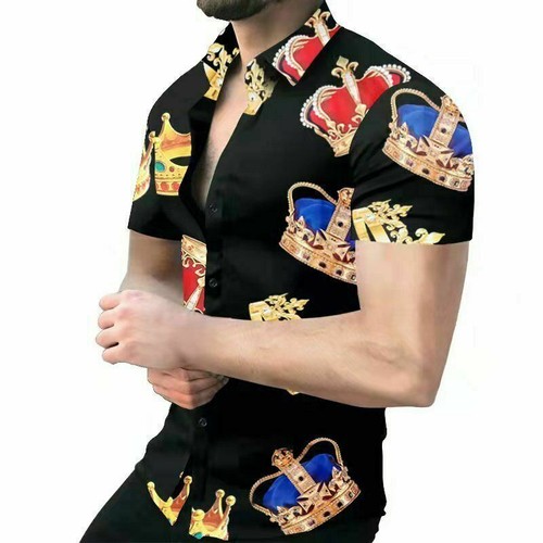 Button Up Shirts Men Red Blue King Crown Royalty Black Short Sleeve Casual Silky