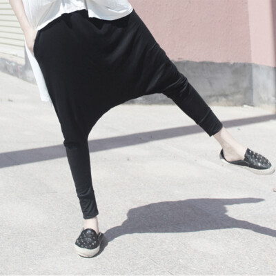 Women Modal Drop Crotch harem pants Stretch Goth Trousersic Punk Bottoms Black