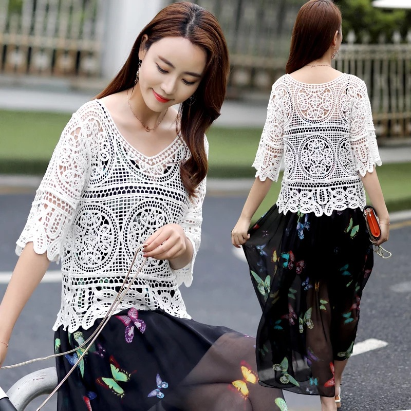 Donna Pizzo Uncinetto Top Corto Maglia Pullover Forato Fuori Bolero Cover Up Da