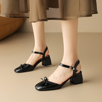 Lolita Bow Closed Toe Chunky Mid Heel Slingback Womens Ankle Strap Sandals