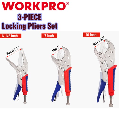 WORKPRO Locking Pliers Set 3PCS 6-1/2" Straight Jaw 7" Curved Jaw 10" Curved Jaw