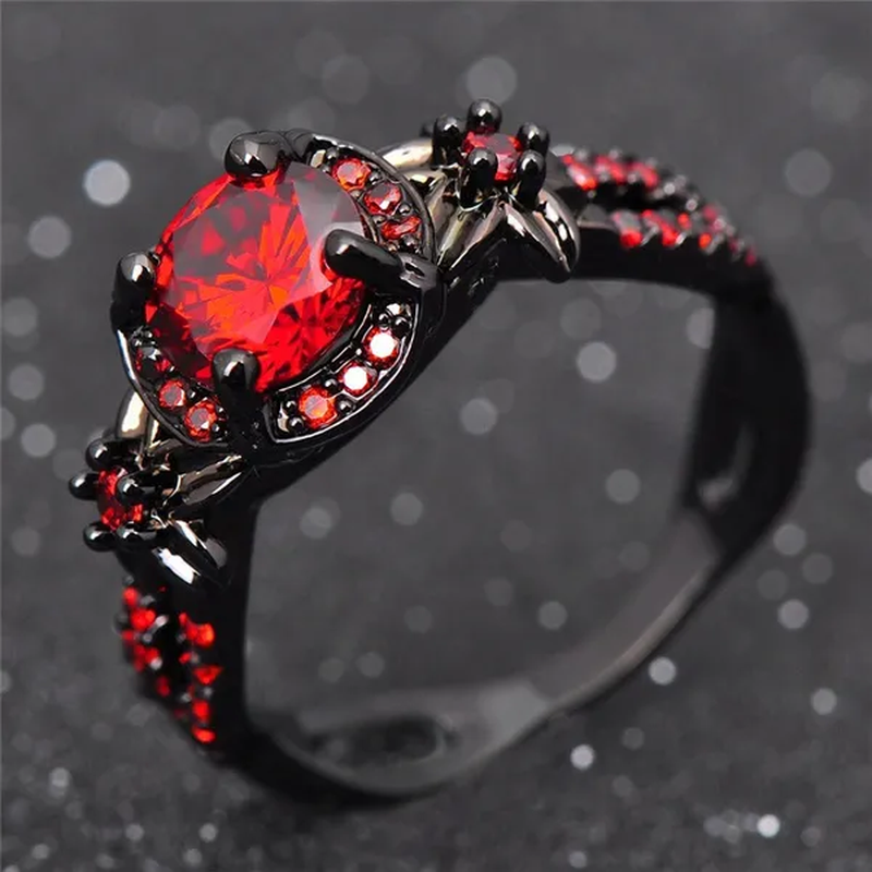 Exquisite Flower Shiny Red Garnet Ring Fashion Jewelry Vintage Black Gold Filled Ring Wedding Band Diamond Rings for Women Christmas Gift