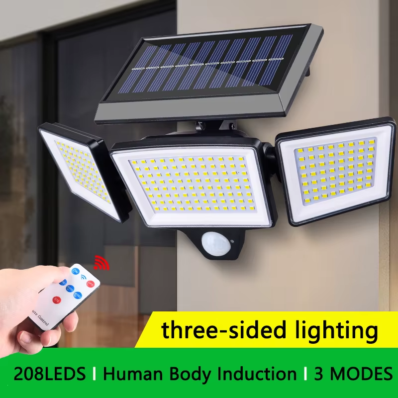 208LED Solar Outdoor Lights Security Lights with Remote Control 3 Heads Motion S