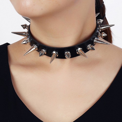 Long Spike Choker Punk Faux Leather Collar Goth Style