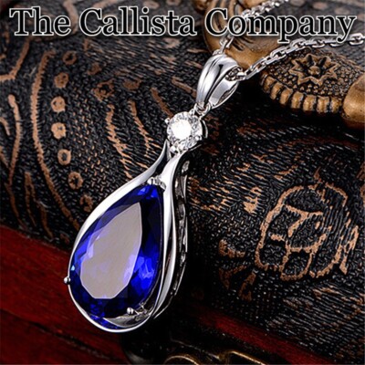 On Sale LAB-CREATED 10.21 CT PEAR CUT BLUE 3A+CZ S925 SILVER PENDANT NECKLACE
