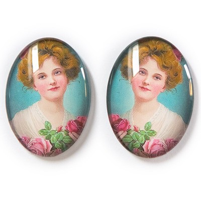 2pc Set Left and Right Facing Victorian Girl Roses Vintage Glass Cameo Cabochon