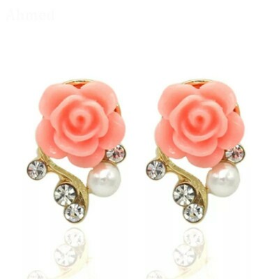 Rose Peach Crystal Earrings Peach Gold Tone Stud Flower Fashion Pierce Jewellery