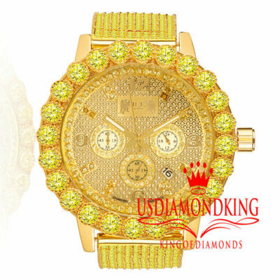 Pre-owned Khronos Canary Solitaire Bezel Yellow Gold Tone Real Diamond Men's Custom Watch W/ Date