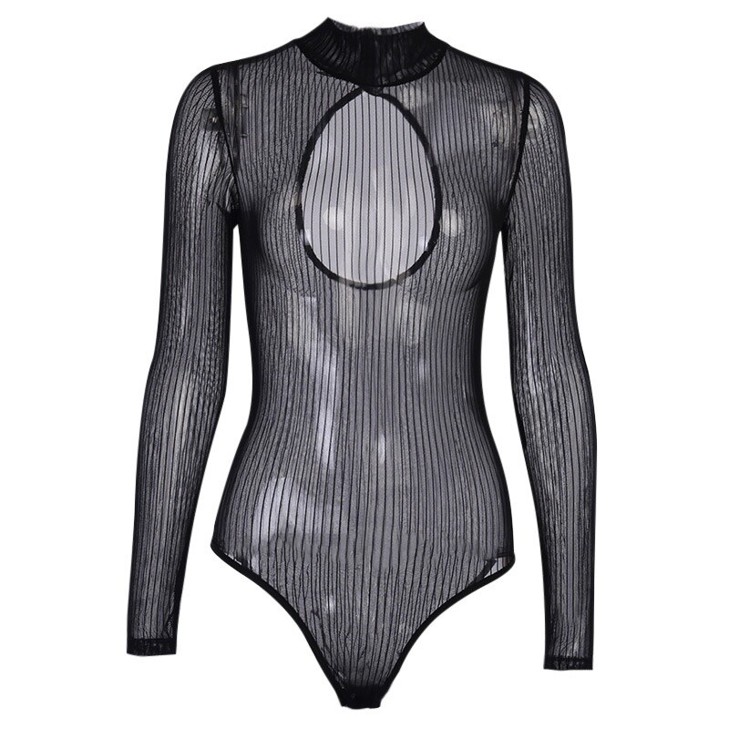 Femme Maille Transparente Justaucorps Manches Longues Lingerie Rayé Sexy Club