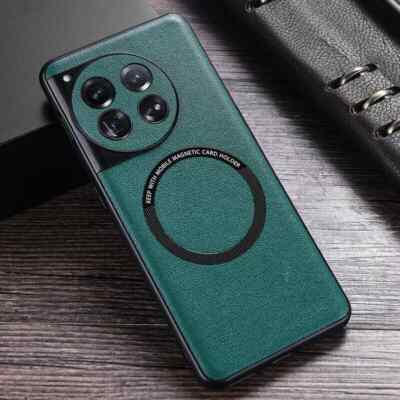 For OnePlus 12 11R 10T 9 8 PU Leather Magsafe Magnetic Back Case Tempered Glass