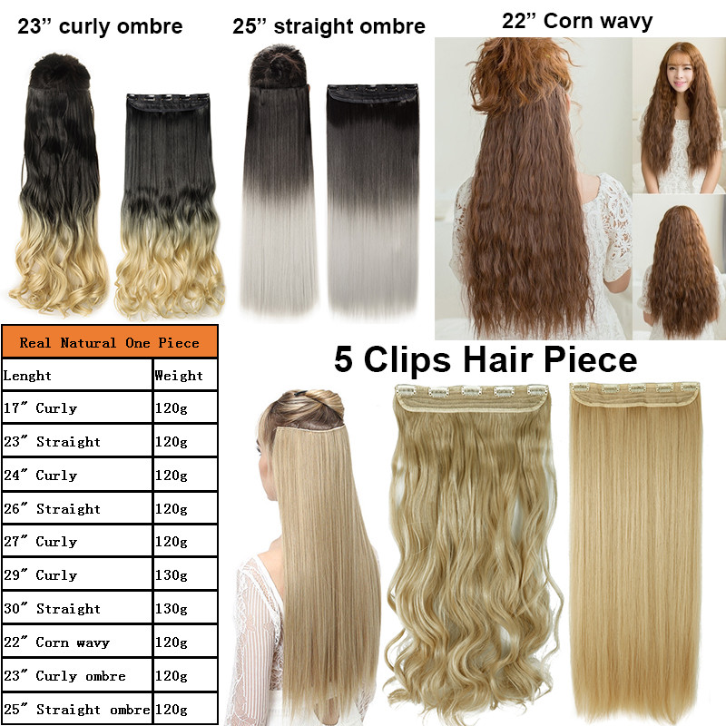 Clip In Real as Human Hair Extensions 3/4 Full Head 5 Clips Long One Piece Black