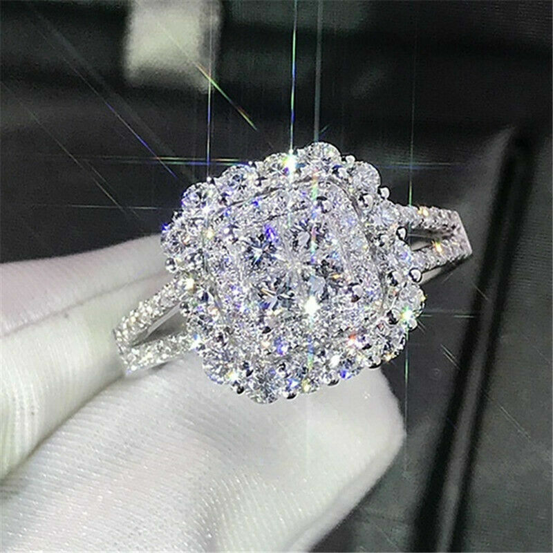 925 Silver Plated Wedding Ring Women Jewelry Simulated White Sapphire