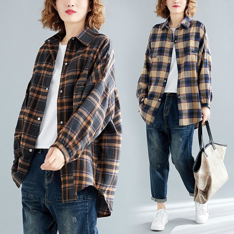 Ladies Cotton Plaid Shirts Blouse Top Casual Loose Baggy Oversized Vintage Retro