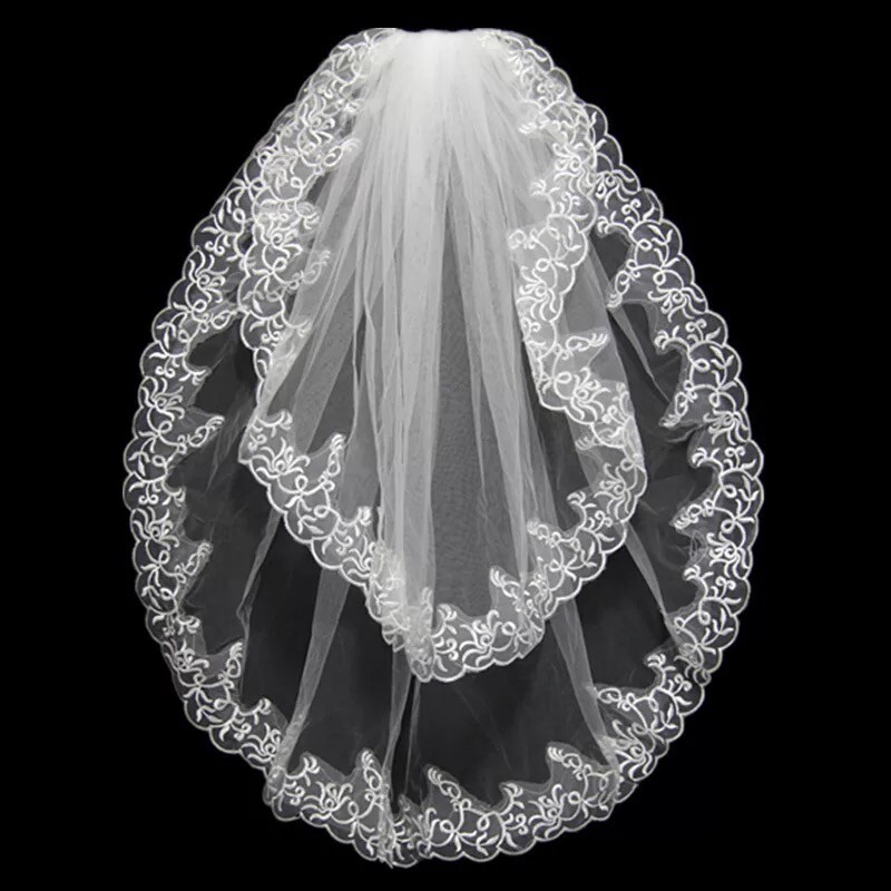 2T Elbow Length Lace Edge Bridal Veil with Comb US Stock