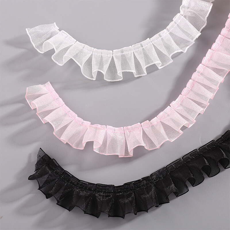 40m 2cm Mesh Lace Edge Ribbon Chiffon Pleated Trim for Lingerie Sewing Accessory