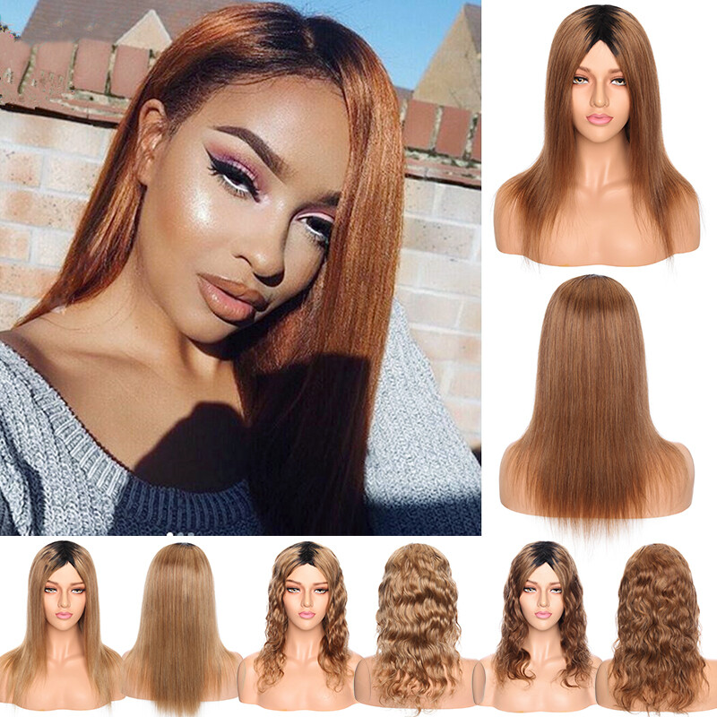 Womens Ombre Brown Full Wig European Remy Human Hair Wigs Dark