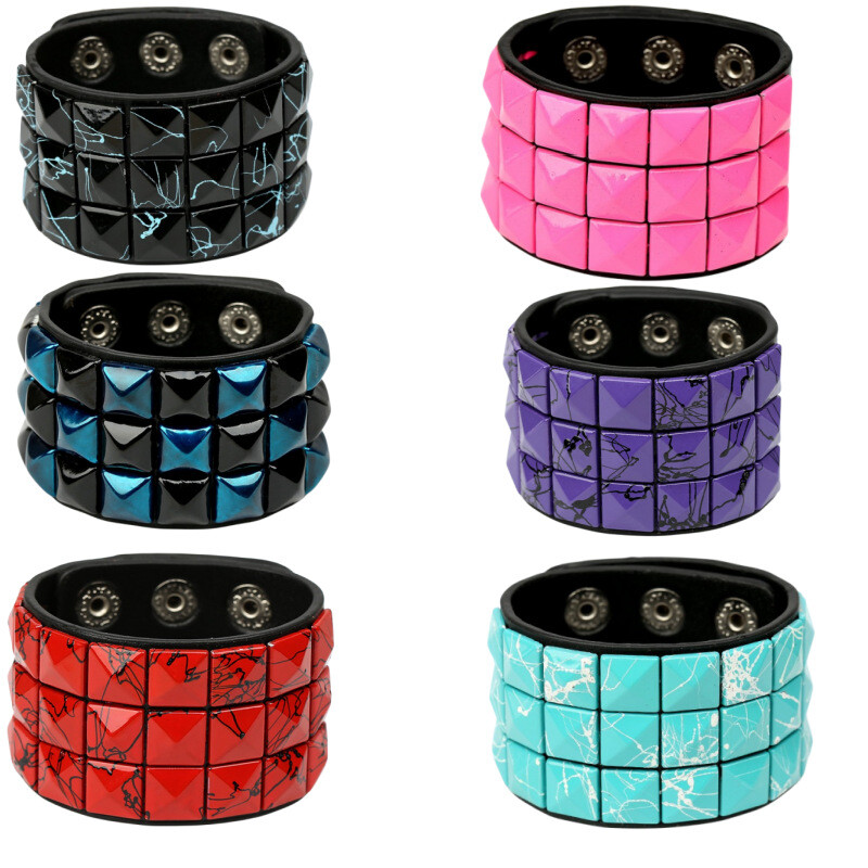 Funky Colorful Pyramid Studded Wristband Geometric Leather