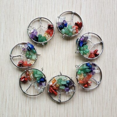 12pcs 7 Chakra Natural Stone Tree of Life Handmade Wire Wrapped Pendants 30mm