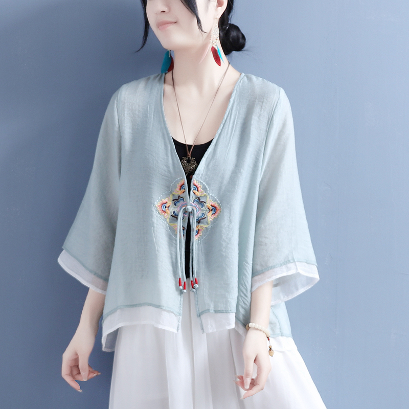 Damen Ethnisch Bestickt Hemd Dünn Strickjacke Tee Kleidung Chinese Retro Sommer