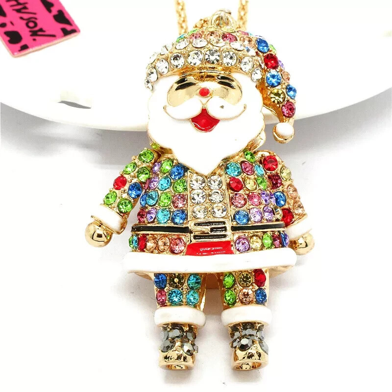 New Betsey Johnson colorful crystal Enamel Christmas Santa Claus Necklace
