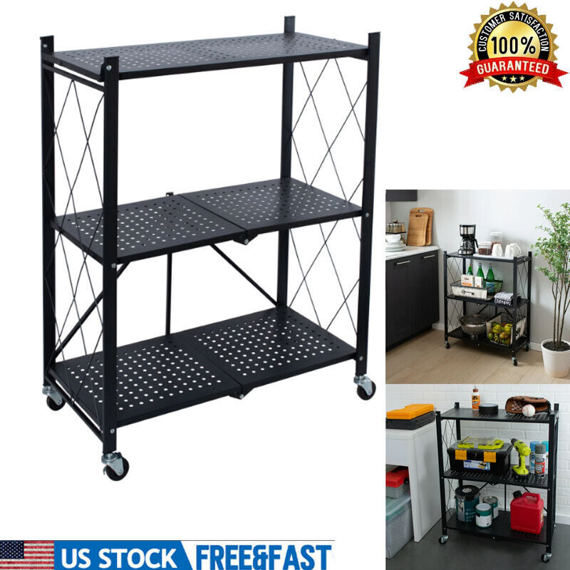 3 Tier Foldable Sturdy Metal Storage Rolling Shelves Rack Sh