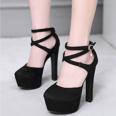 Cross strap platform block cheap heels