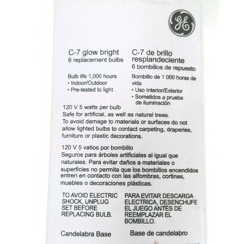 GE C-7 Glow Bright Replacment Bulbs 6 Bulbs MultiColor 5 Watts New C7 Christmas Box Detail Close up