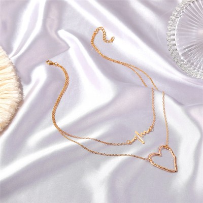 Gold heart pendant layered necklace with cardio pulse line choker symbolic N661