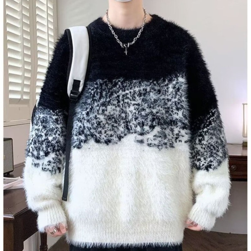 Men Knit Sweater Warm Faux Mink Fur Pullover Top Gradient Plush Thicken Winter