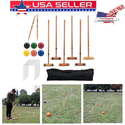 Wooden Croquet 6 Player Deluxe Croquet Set & Carry Bag Outdoor Game With Bag