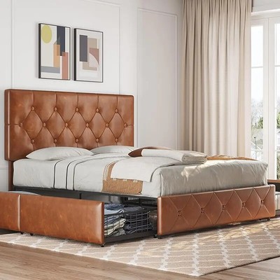 King Size Platform Bed Frame with Storage Drawers and Charging Station